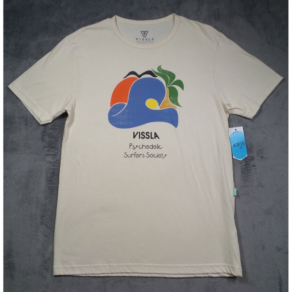 Vissla Shirt Mens Size Medium Beige Psychodelyc Wave Shortβ Sleeve Crew Neck NWT
